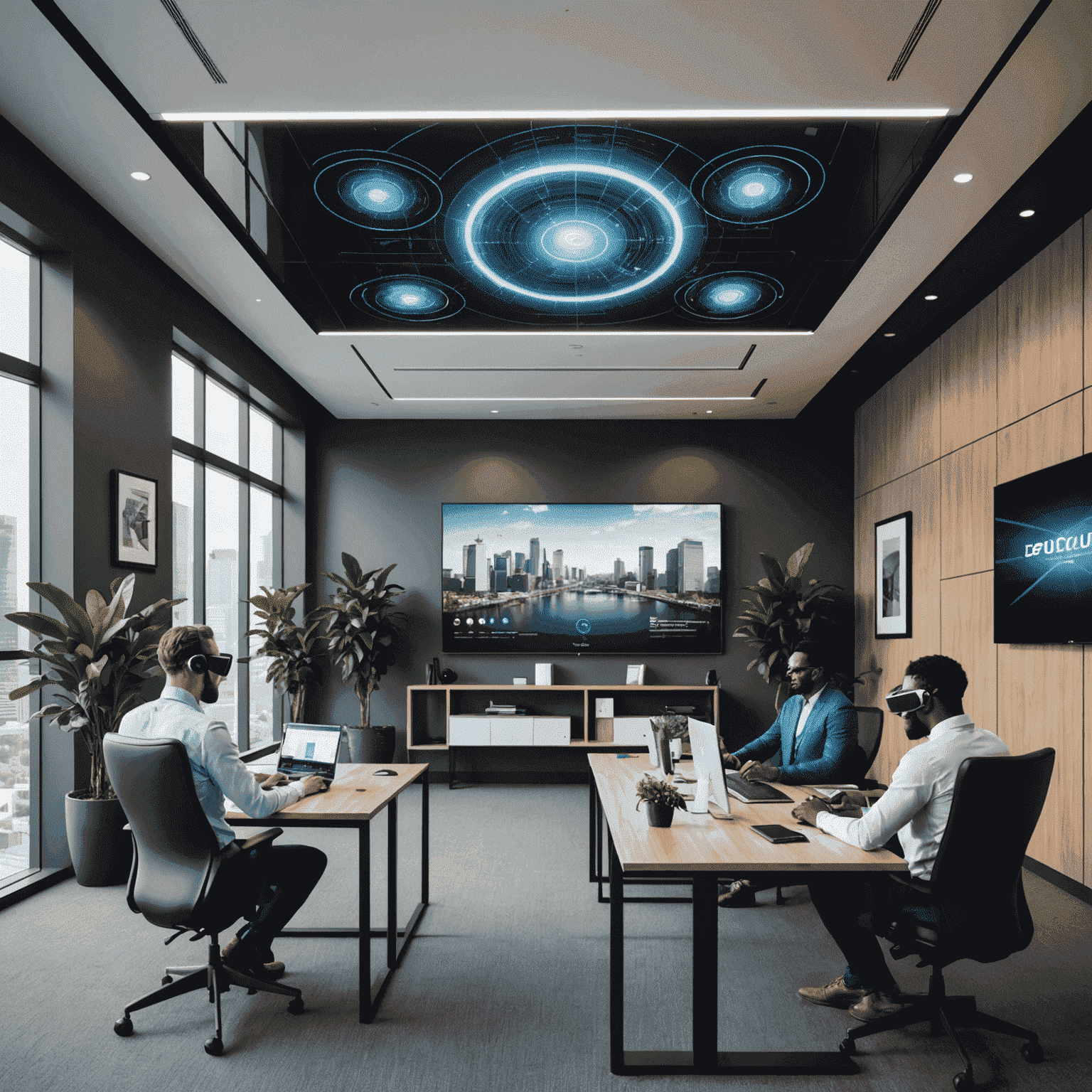 A modern office space in Johannesburg with consultants using advanced technology, including large touchscreen displays and virtual reality headsets