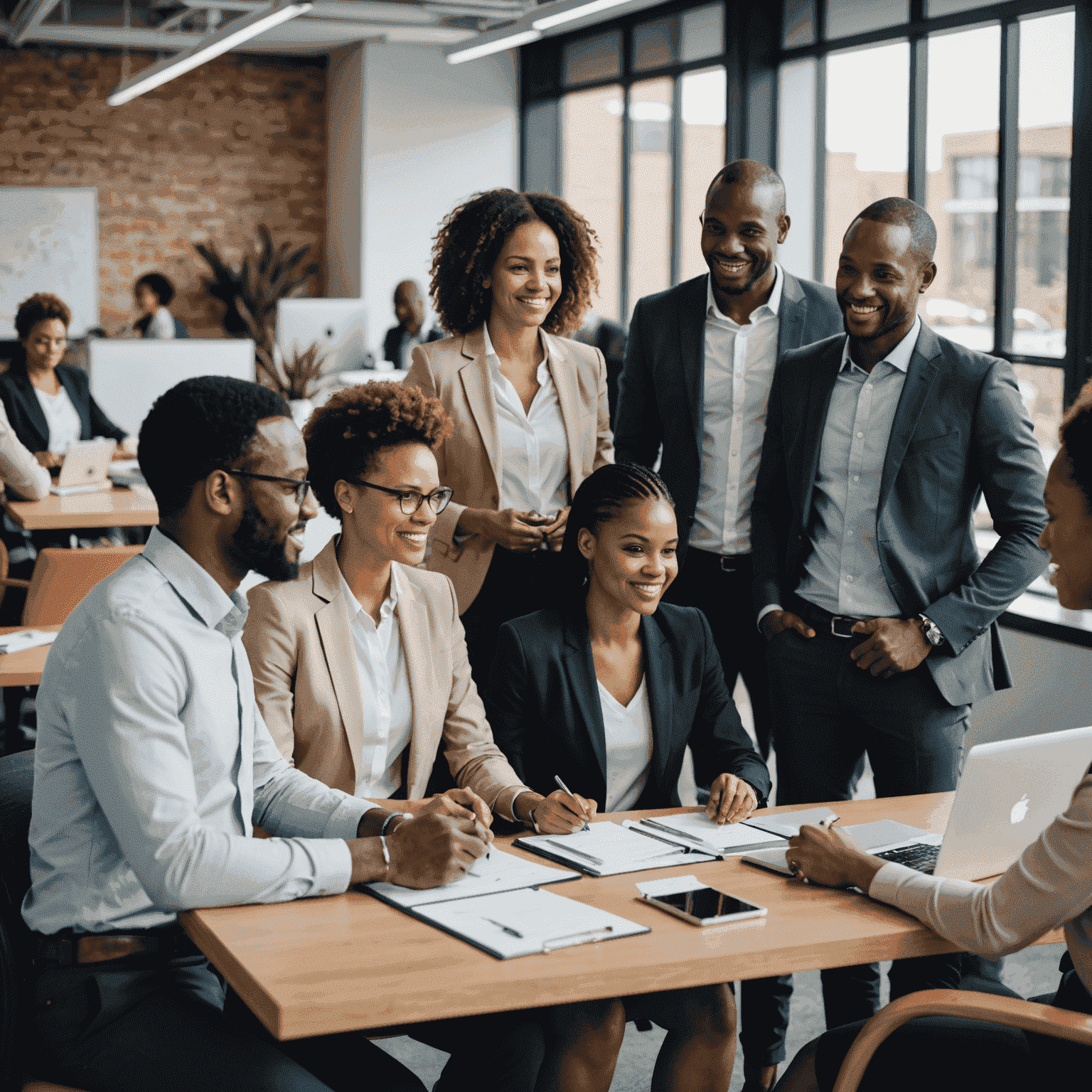 A diverse group of South African professionals in a modern office setting, collaborating on HR strategies