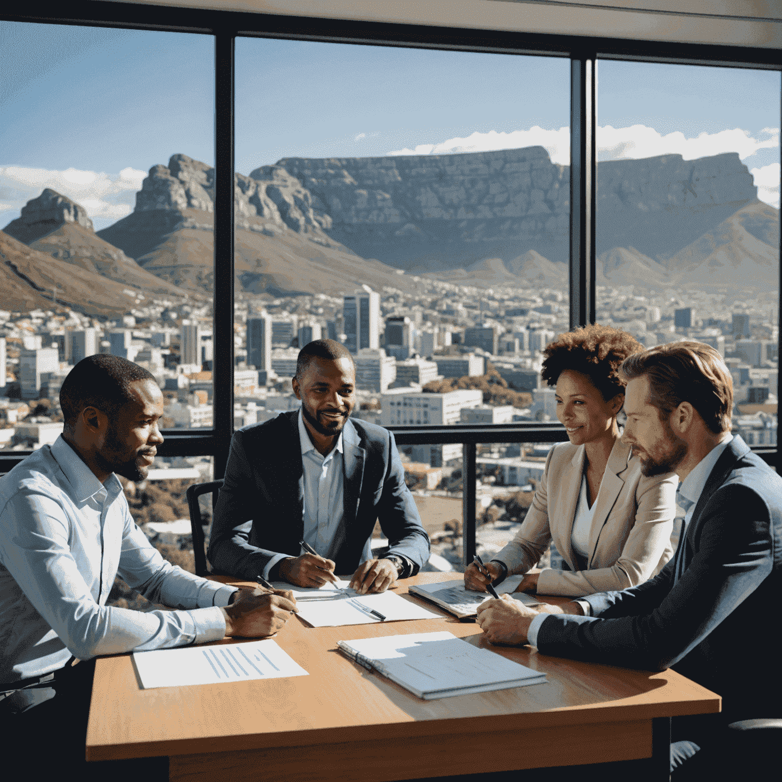 A diverse team of consultants analyzing data and discussing strategies in a modern South African office setting, with Table Mountain visible through the window