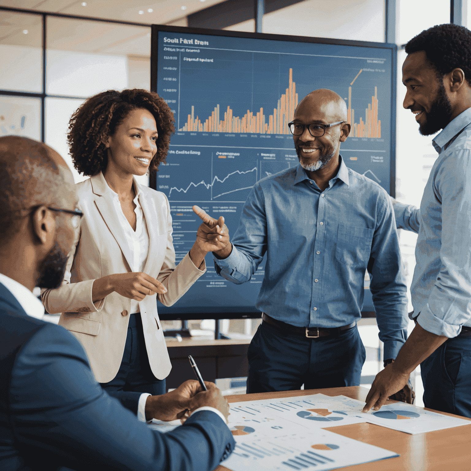 A professional financial advisor discussing strategies with a diverse group of South African clients, pointing at charts and graphs on a large screen