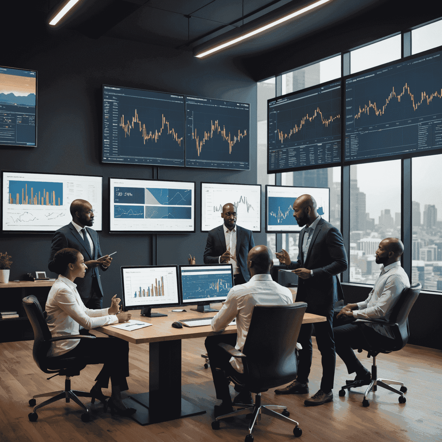 A diverse group of business professionals analyzing market data on large screens and discussing charts and graphs representing South Africa's business landscape