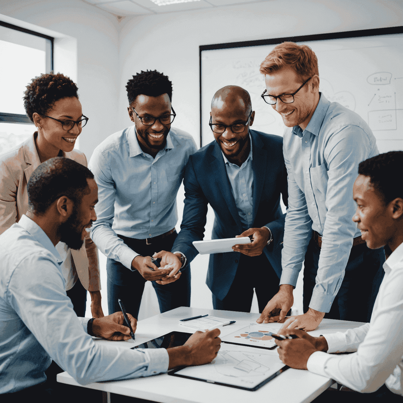 A diverse team of South African consultants collaborating on a project using tablets and a large interactive whiteboard