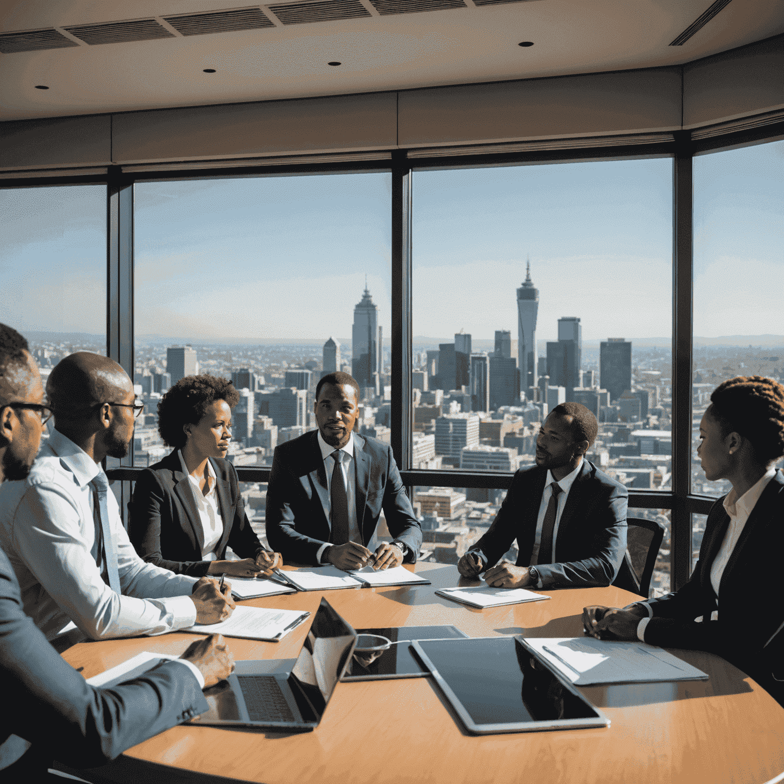 A consultant presenting a strategic plan to a diverse group of South African business leaders in a boardroom with Johannesburg skyline visible through the window