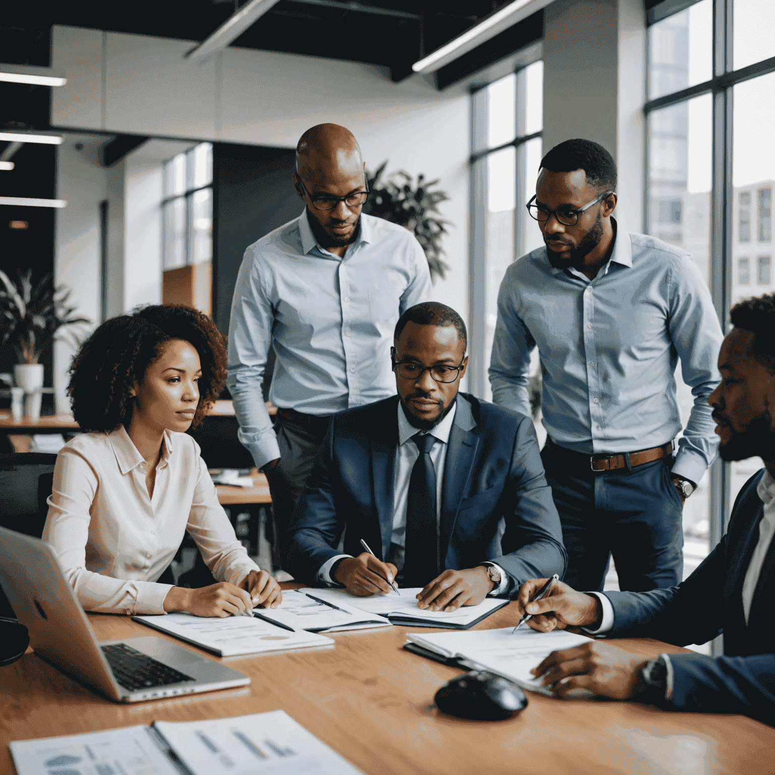 A diverse team of South African financial experts collaborating in a modern office, surrounded by financial reports and technology